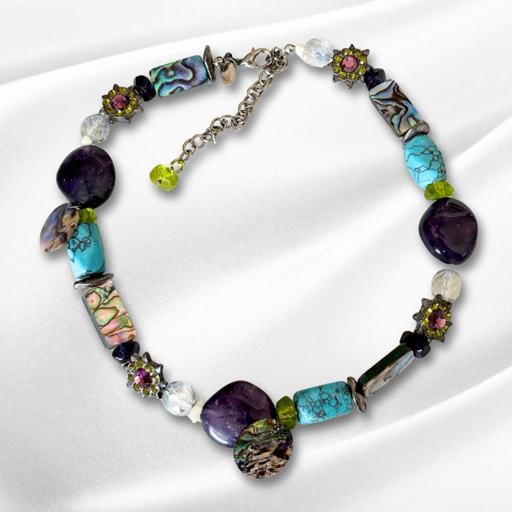 Chicos Vintage Necklace Beaded Rhinestone Faux Turquoise Purple Star Cabochons
